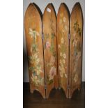 A four fold pine small screen with painted floral decoration