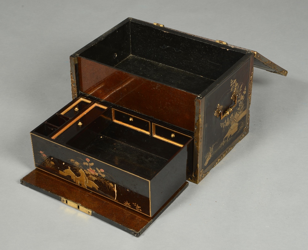 A 18TH/19TH CENTURY BLACK LACQUERED AND GILT CHINOISERIE CHEST having a lift up lid and drop front, - Image 2 of 2