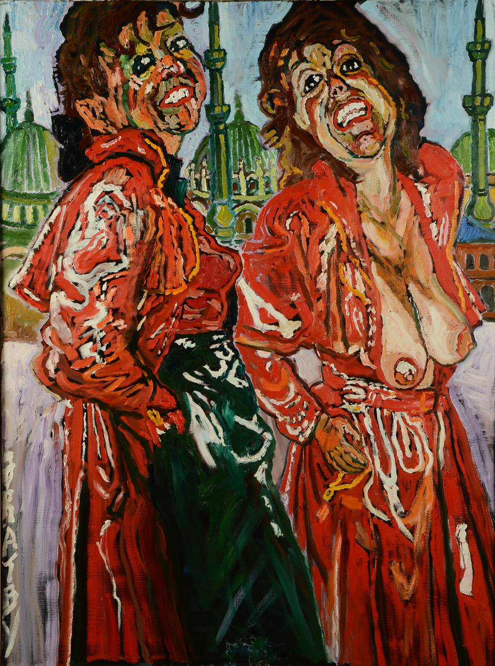 ARR JOHN BRATBY RA (1928-1992), Two figures of Patti in red raincoat with three Istanbul mosques,