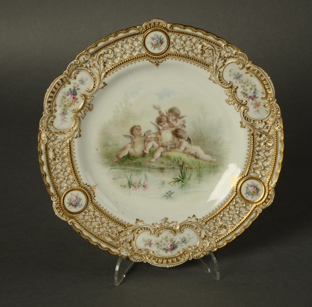 A ROYAL CROWN DERBY EGG SHELL PORCELAIN PLATE decorated and signed by P Taillandier with three