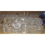 A quantity of pressed moulded and cut glass including a pair of gilt flower vases,