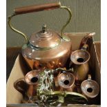 A small quantity of copper and brass ware including kettle, copper measures, trivets,