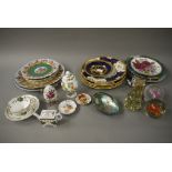 A small quantity of ceramics including Limoges, Coalport, two glass paperweights,