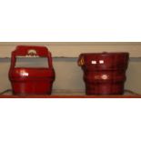 A red painted Chinese soft wood basket and cover with overhead handles;
