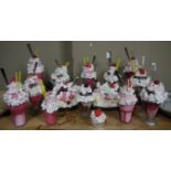 Fifteen sundae glass and composition ornaments,