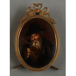 Anon early 20th century portrait miniature of an elderly bearded gentleman, wearing hat and cloak,