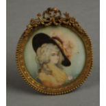 Anon French early 20th century head and shoulder portrait miniature of a beauty, bewigged,