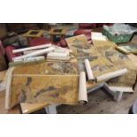 A quantity of 20th century Chinese scroll paintings in two boxes; a small oil painting,