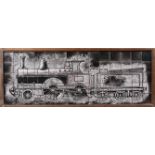 A ceramic tile monochrome wall plaque depicting a steam locomotive and tender, wood frame,