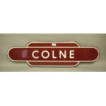 A British Rail Totem 'COLNE' metal station sign in crimson and white enamel, 92.