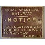 A Great Western Railway cast iron signal box notice, 28cm x 21.