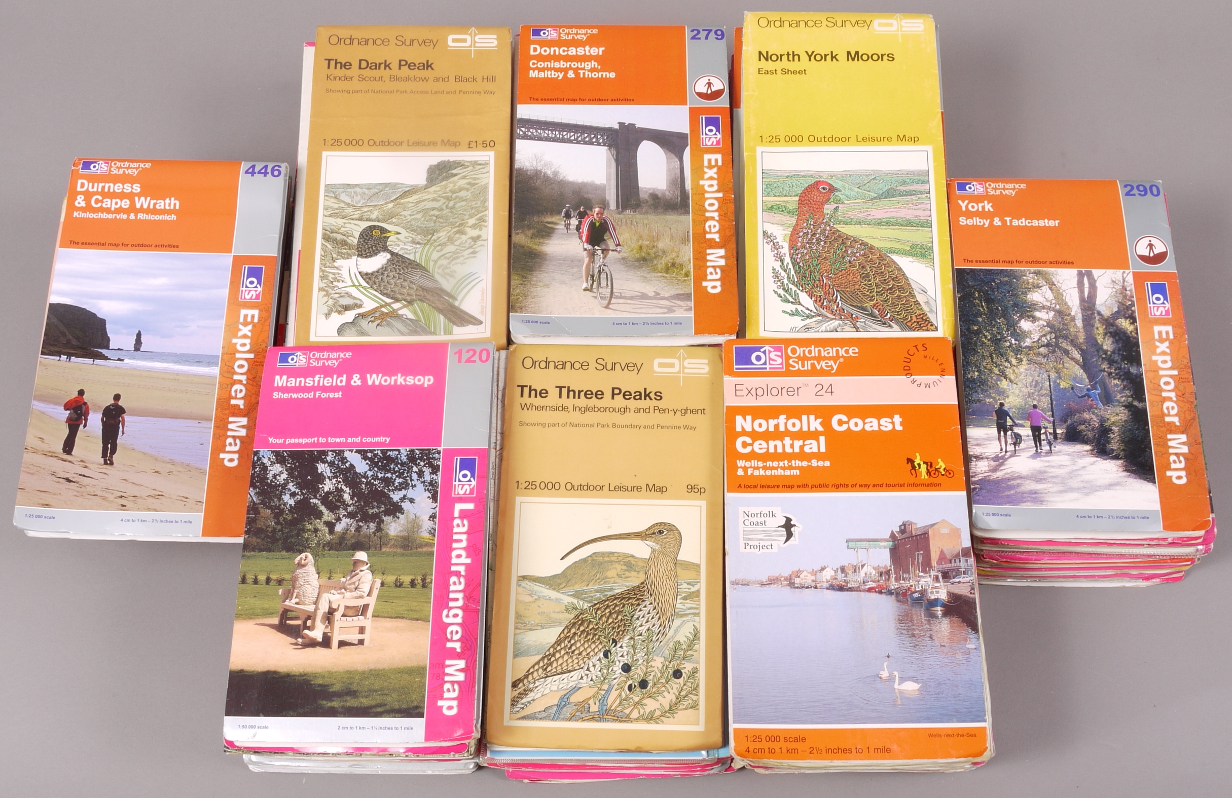 A box of Ordnance Survey Landranger 1¼", Explorer Maps 2½" and Outdoor Leisure Maps,