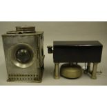 A railway black painted signal bell, 19cm; a tin plate railway lamp of square form, stamped MRSD2,