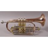 An unbranded copper, brass and silvered cornet, numbered CR01027,