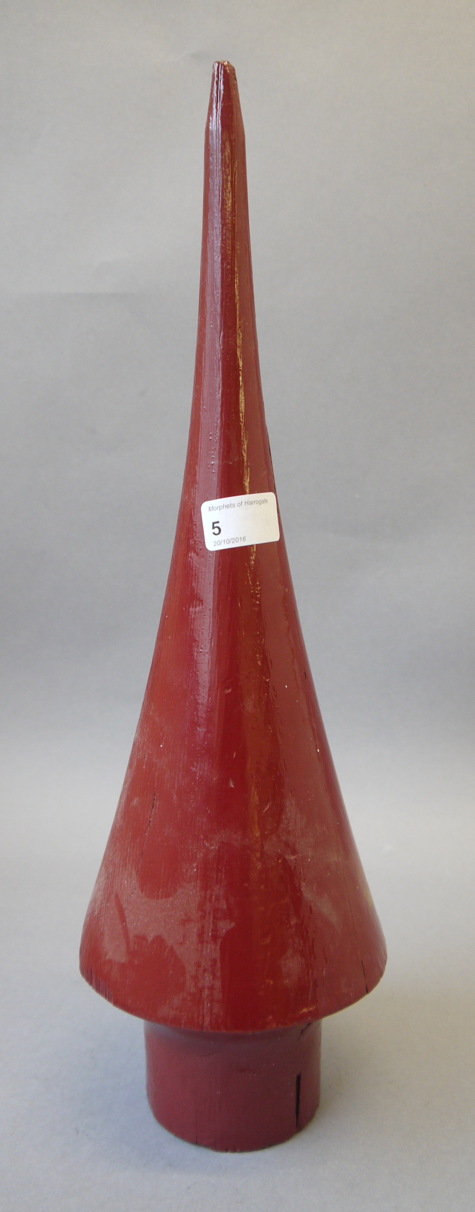 A crimson red painted wood Midland Railway finial (from Colne Lancashire),