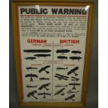 A framed 'Public Warning' poster on identification of British and German airships and aeroplanes