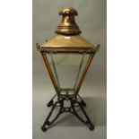 An LYR copper gas lamp head with tapering four glazed section head, on later,