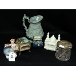 A Silver Topped Dressing Table Jar Together With A Moulded Staffordshire Pottery jug And Further