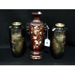 A Pair Of Polished Lacquer Finish Japanese Vases Together With A Mother Of Pearl Inlaid Rosewood