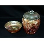 A Carnival Glass Biscuit Barrel And Similar Bowl