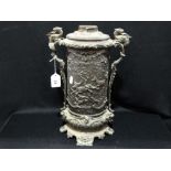A Cylinderical Cast Metal Two Handled Lamp Base With Stag Hunt Scene