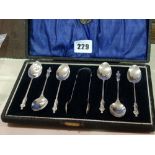A Cased Set Of Six Silver Coffee Spoons And Tongs