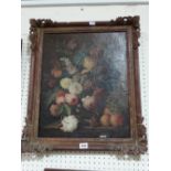 19th Century School, Oil On Canvas Still Life Study Of Flowers And Fruit