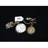 An 18ct Gold Encased Fob Watch Together With A Silver Encased Pocket Watch Etc