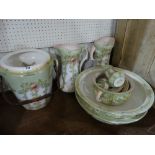 An Edwardian Period Pottery Wash Set Of Two Jugs And Basins, Chamber Pots And Slop Bucket