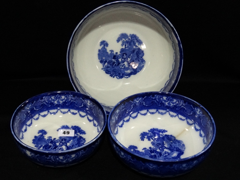 Three Graduated Circular Blue And White Transfer Decorated Fruit Bowls, Watteau Pattern