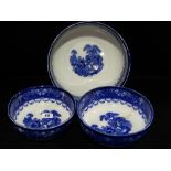 Three Graduated Circular Blue And White Transfer Decorated Fruit Bowls, Watteau Pattern