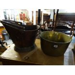 A Copper Coal Bucket Together With A Brass Preserve Pan