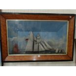 A Cased "Shadow Box" Model Sail Ship With Painted Background And Smaller Vessels