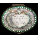 *A ‘Nelson Interest’ Bilston Enamel Snuff- or Patch-Box, c.1800, of oval shape, enamel on copper,