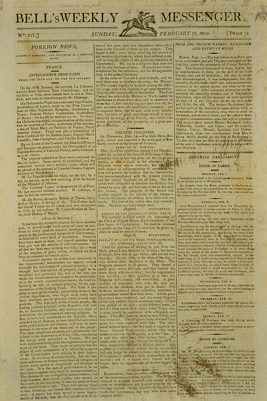 Bell's Weekly Messenger Newspaper 1803 dated 13 Feb with contents including the Trial of Colonel