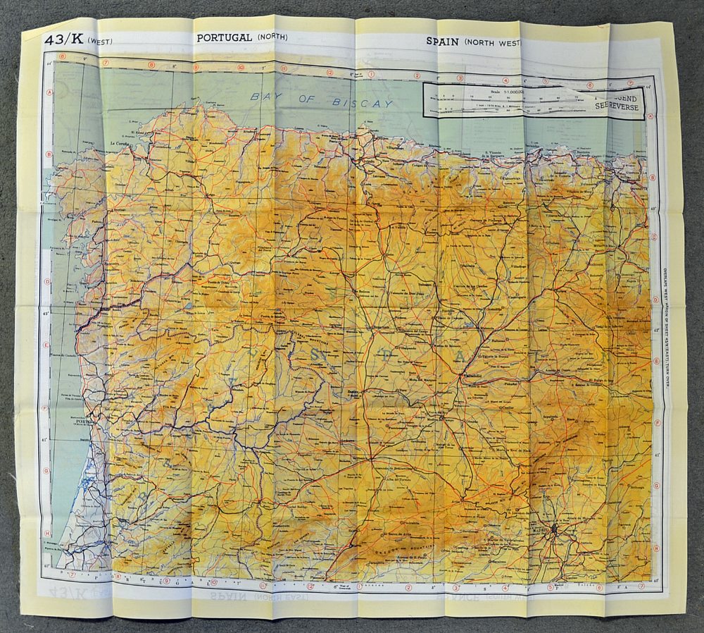 WWII RAF Escape Map of the Pyrenees border between France 1943 issued to Allied Air Crew and showing