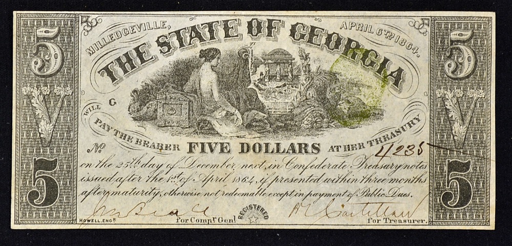 Confederate States of America 5 Dollar Banknote issued by 'The state of Georgia' Treasury during the