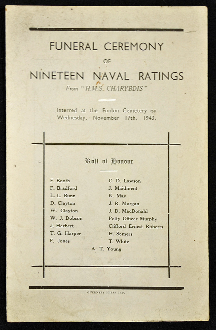 WWII Guernsey Funeral Ceremony of Nineteen Naval Ratings from 'HMS Charybdis' a very scarce 4 page