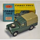 Corgi Toys Land Rover 109 WB No.438 green with tan hood (missing corner) in original box, with