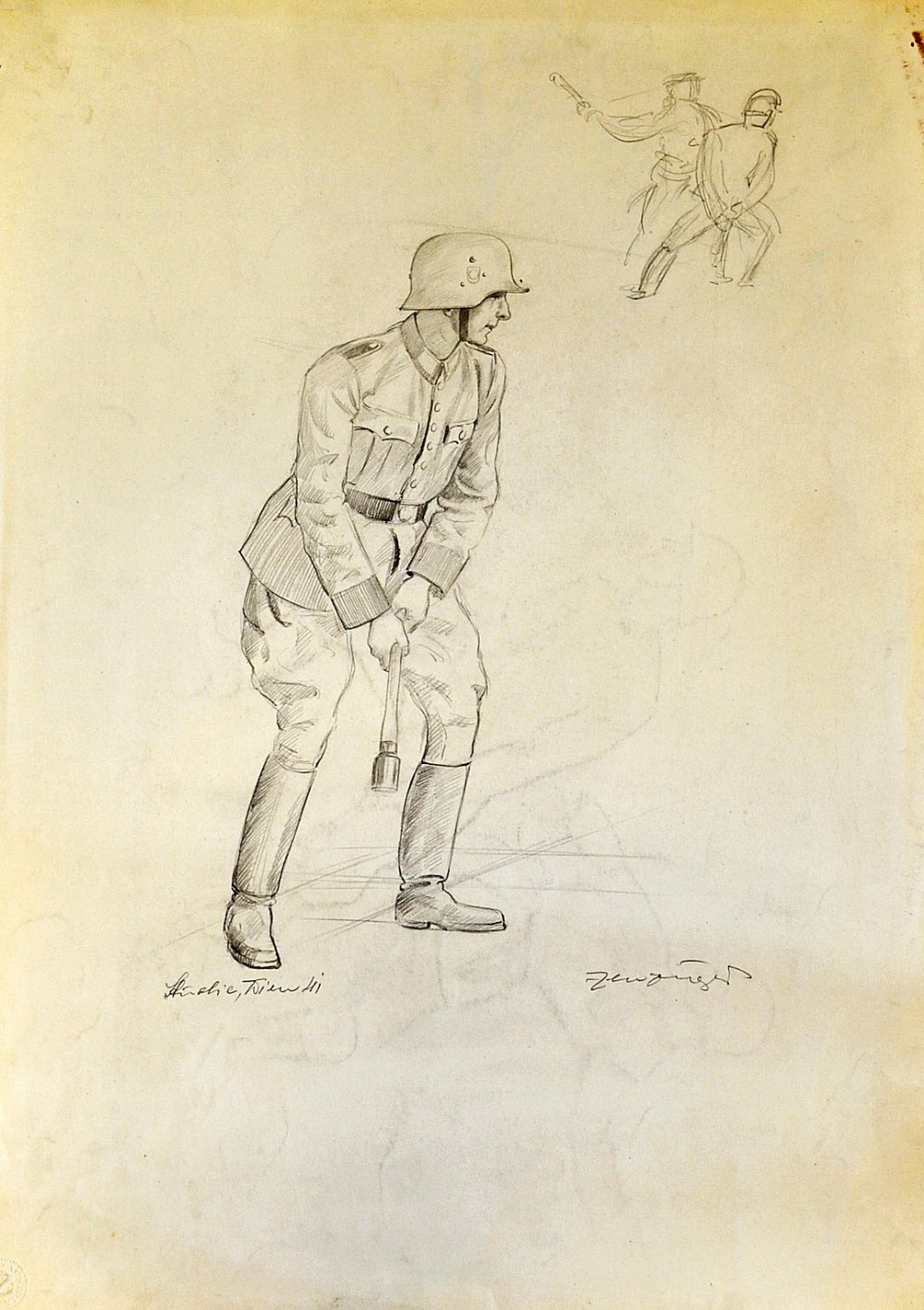 Original Artwork Roman Zenzinger Grenade Thrower in pencil on paper title in pencil to bottom left