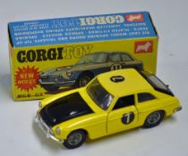 Corgi Toys MGB GT Competition Model No. 345 in yellow and black in original box, with decals and