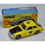 Corgi Toys MGB GT Competition Model No. 345 in yellow and black in original box, with decals and