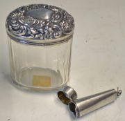 Silver Topped Cut Glass Jar, the cover embossed with decorative scrolling foliage and a vacant