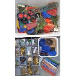 Large Quantity of Meccano mainly red and green, with a quantity of brass cogs in a plastic box