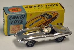 Corgi Toys E Type Jaguar Competition Model No. 312 in chrome in original box, Number '2' decals,