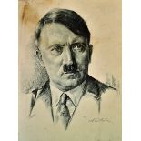 WWII Hitler fine portrait of Hitler mounted on board, with typed label to the reverse indicating