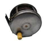 REEL: Hardy Perfect 4.25" wide drum alloy salmon reel, 1912 check, white handle, strapped tension