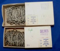 HOOKS: 100 size 5/0 and 100 sizes 6/0 Partridge salmon tinned closed eye hooks, barbed, boxed.