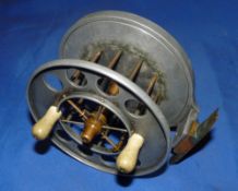 REEL: Rare 5" ex wide Mahseer aerial reel, 2.75" wide, shaped ivorine handles, 6 spoke with