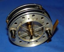 REEL: Rare Left hand wind 4" Allcock's Aerial Match narrow drum trotting reel, 6 spoke with